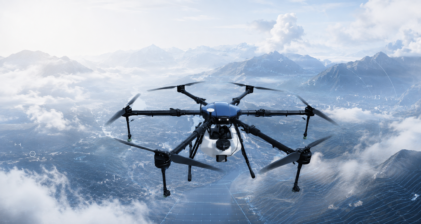 Cinematic hero — drone flying over water at sunset / smart city aerial shot, full-bleed background video or image